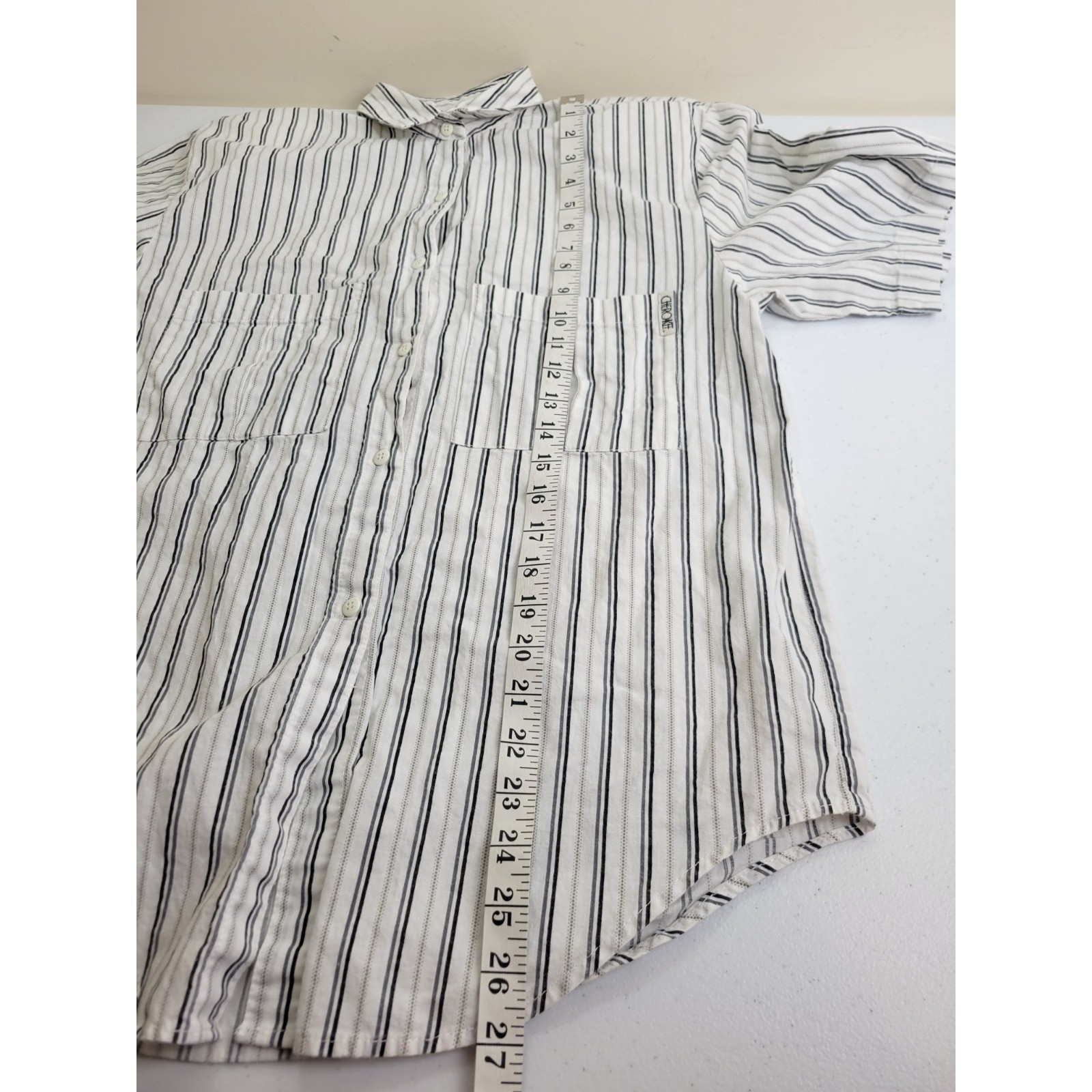 Cherokee Button Down Shirt Vintage 90s Minimalist Striped Short Sleeve White M/L
