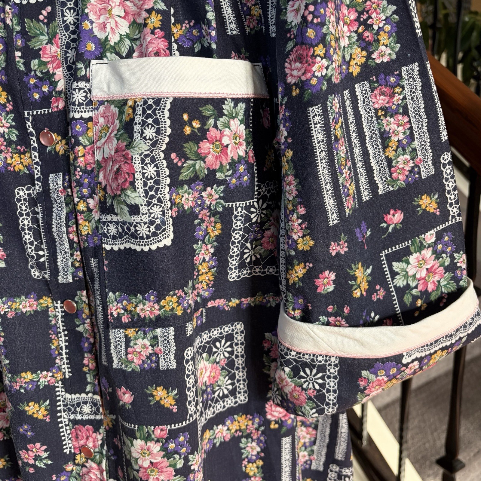 VTG Models Coat House Dress Patchwork Floral Blue Pink Snap Buttons Pockets