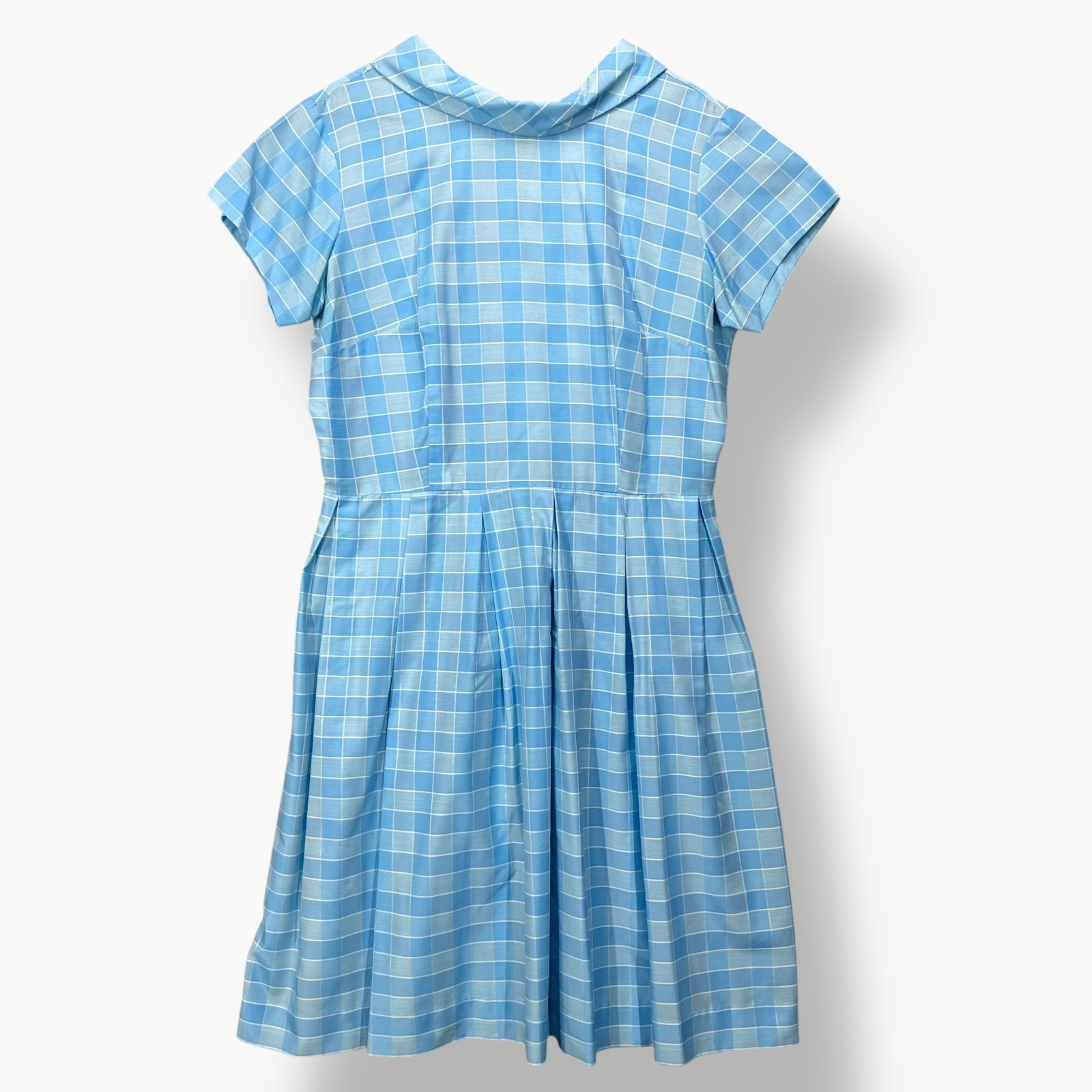 Vintage Womens Day Dress Medium Blue Plaid Short Sleeve Pleated Boat Neck Collar