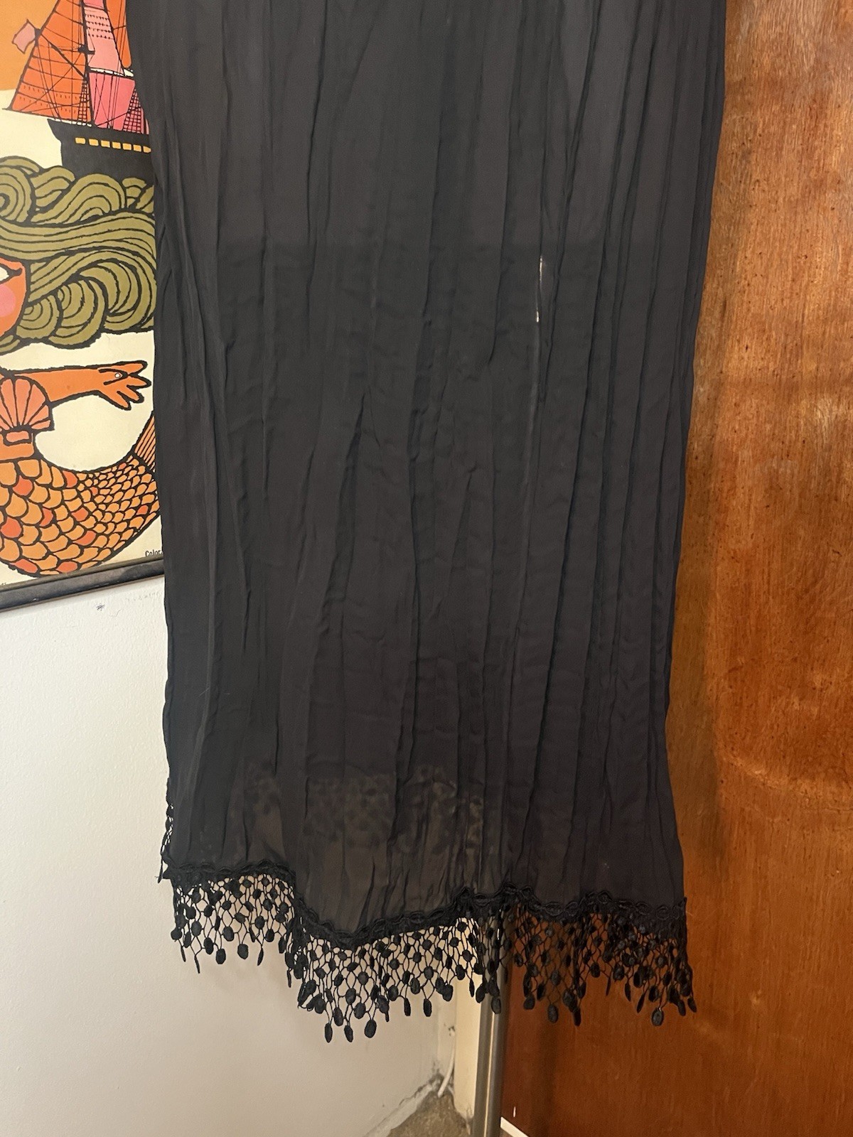 Vintage Black Whimsy Classic Sheer Crinkle Pleated Crochet Hem Maxi Dress S/M
