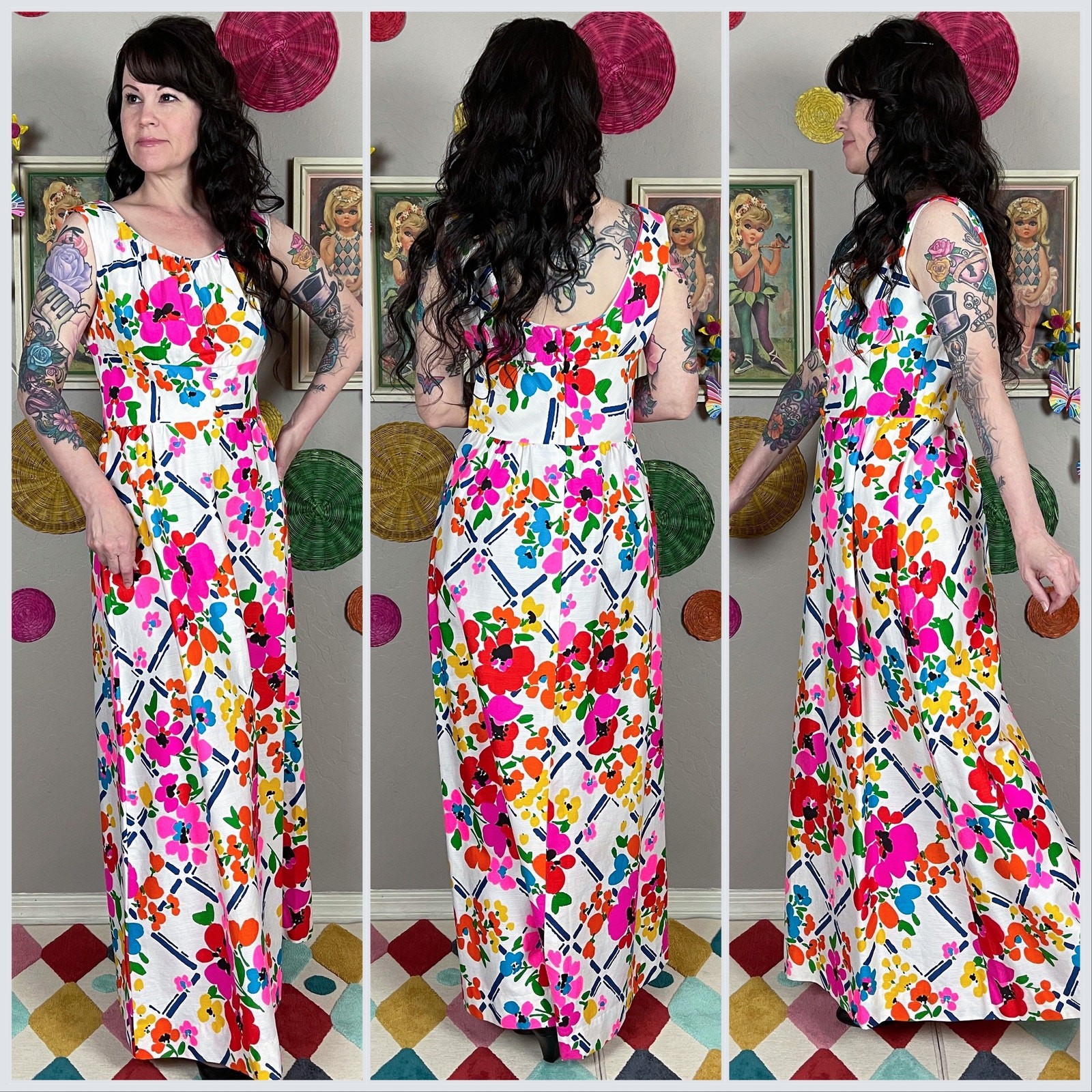 Vintage 1970s White Hawaiian Floral Day Glo Sleeveless Maxi Dress | 30&Prime; Waist