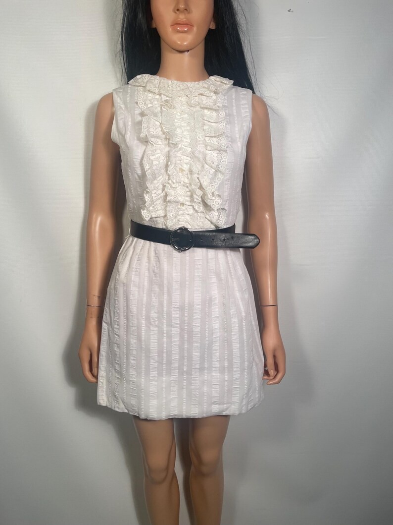 Vintage 1960s White Frilly Lace Mod Cotton Mini Dress Size XS/S