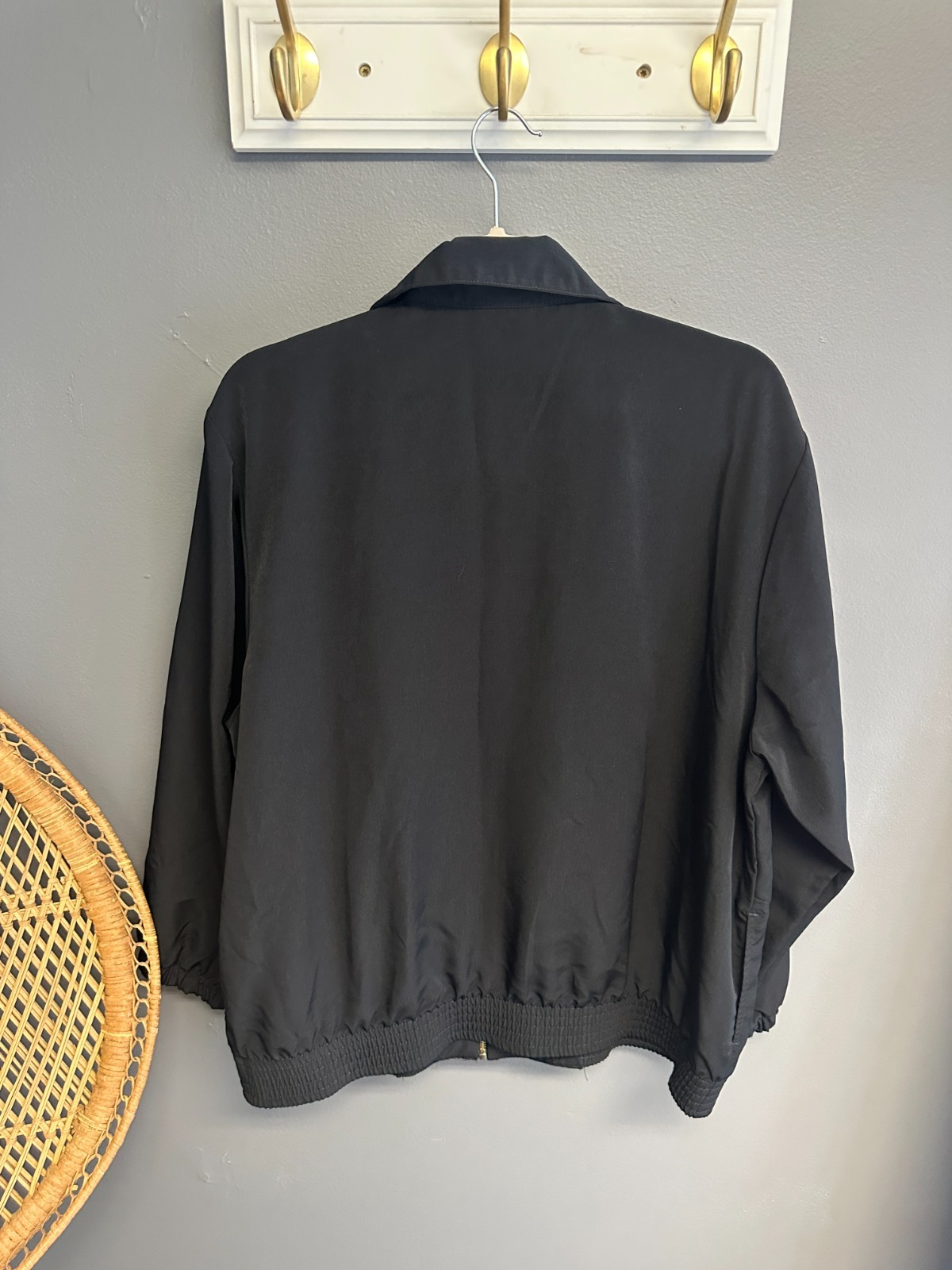 Vintage BonWorth Zip Bomber Track Jacket Womens Medium Petite Black Embroidered
