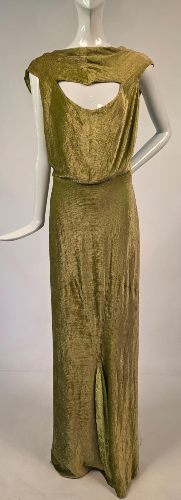 1930’S ARSENIC SILK VELVET LONG DRESS W CUT OUT FRONT + SERPENT TONGUE TRAIN