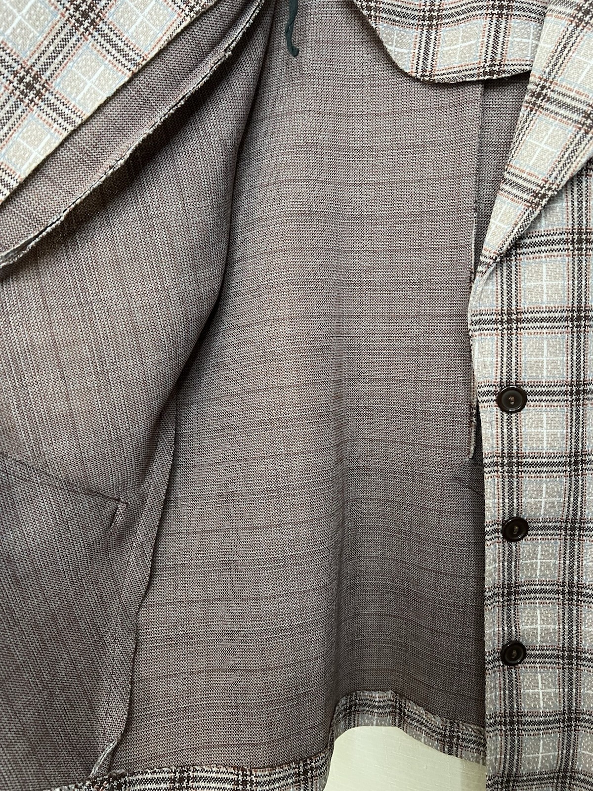 Vintage 70s Gray Plaid Checked Blazer Jacket Size L Faux Pockets Lightweight