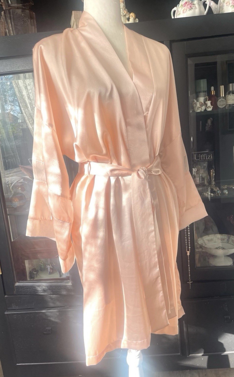 Vintage Valentino Intimo Satiny Soft Robe w Sheer Stripe Arms Peachy Pink Sz L