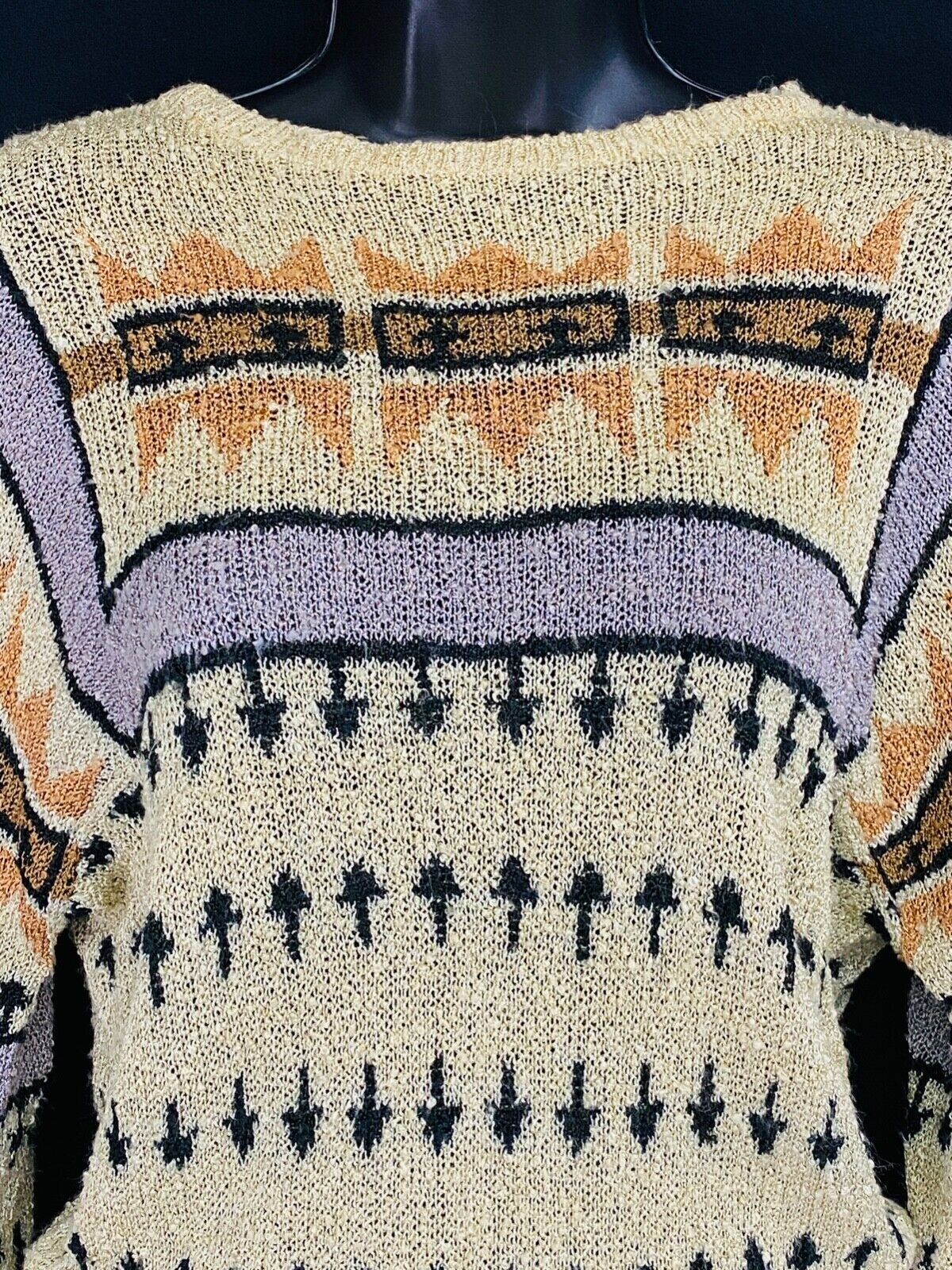 Vintage 1970s French Rags patterned sweater, ivory purple orange arrows knit top