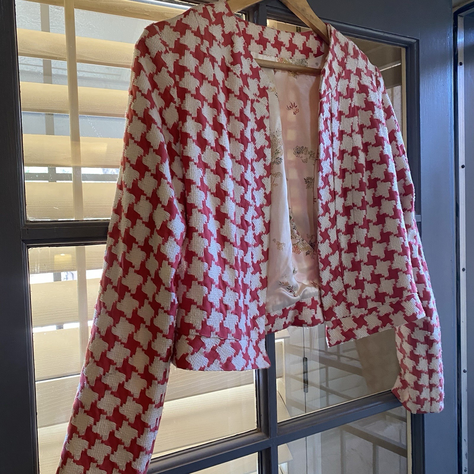 Vintage Handmade Pink Plaid Short Jacket With White Floral Satin Lining