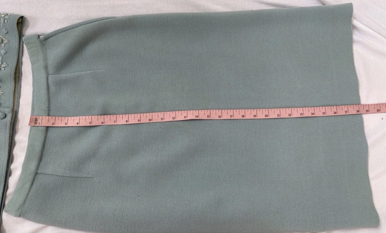 VTG Marshall Fields Skirt Suit Set Womens Large Powder Blue Wool Beaded Pearls
