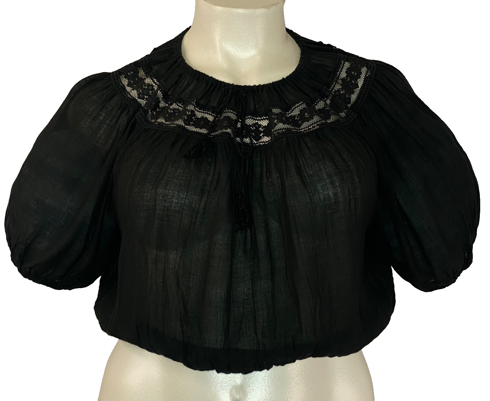Vintage 1970s black peasant top L XL crop puffed sleeve lace rayon oversized