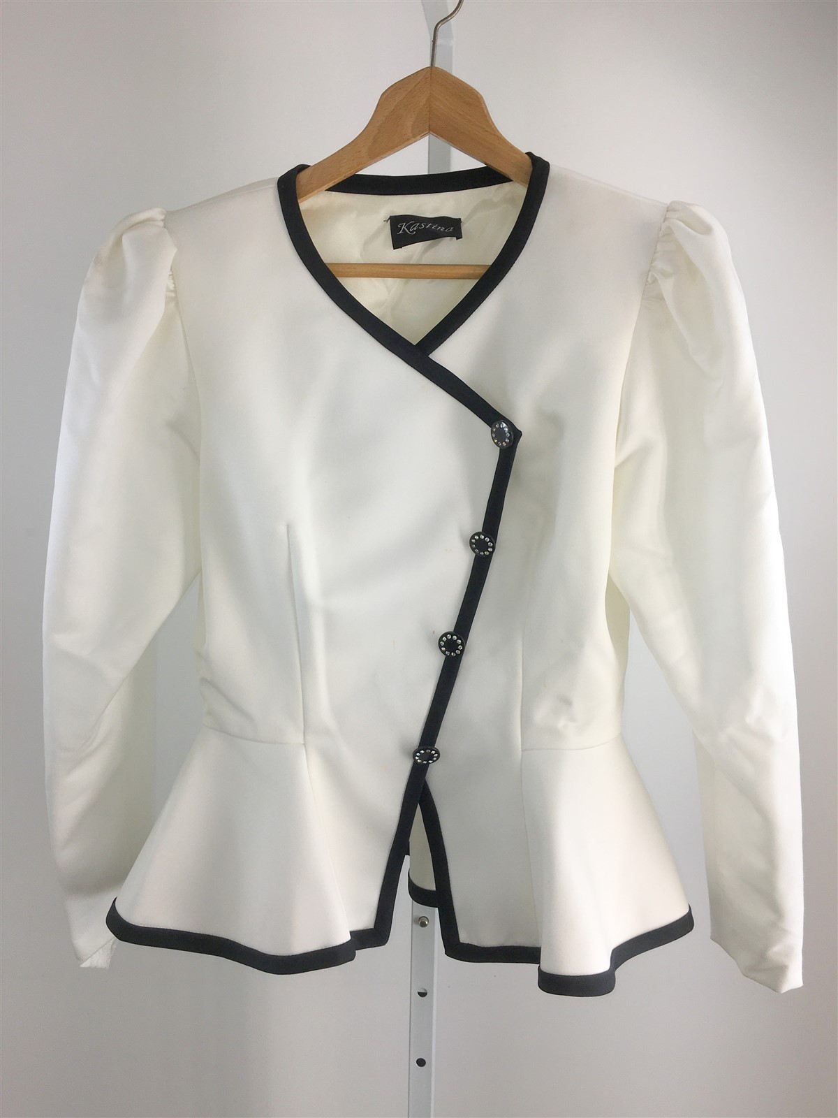 Vtg 1980s Kastina Blazer Jacket White Black Trim Dressy Sz 10 Peplum Bust 36&Prime;