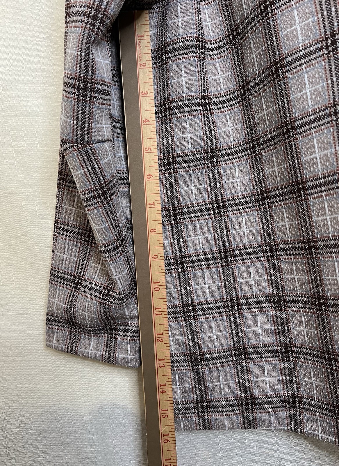 Vintage 70s Gray Plaid Checked Blazer Jacket Size L Faux Pockets Lightweight