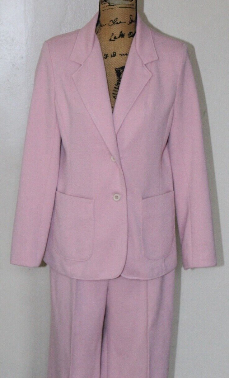 Vtg 60s 70s Dusty Pink Polyester 2 Pc Wide Leg Leisure Pant Suit Blazer Womens M