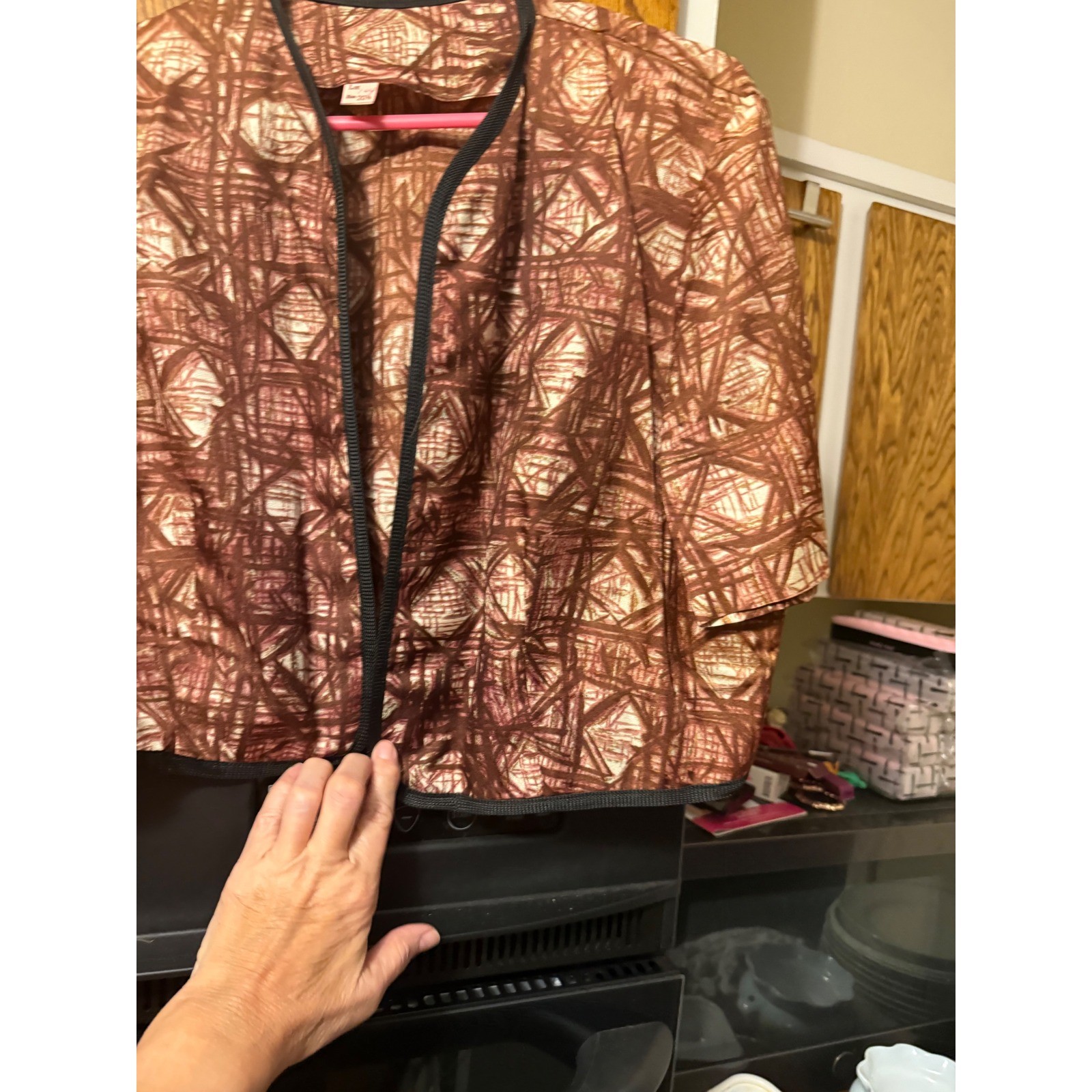 Vintage 50s 60s Abstract Print Dress & Jacket Set Copper Brown MCM Sheath Belted
