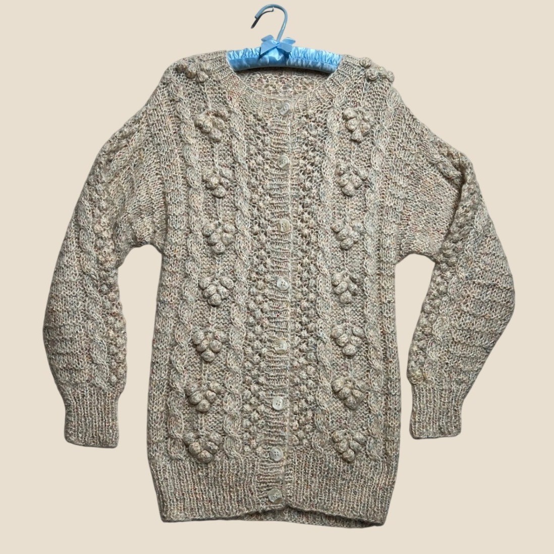 Vintage 70s Irish Aran Cable Knit Cardigan Popcorn Stitch Donegal Tweed Fleck S
