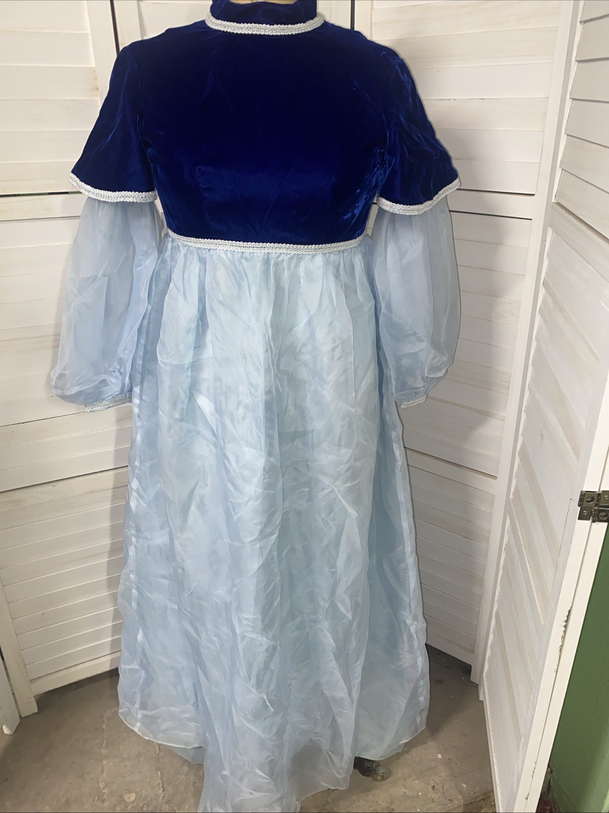 VTG 60s Lorrie Deb Blue Velvet & Chiffon Dress Empire Waist Maxi Hostess Small