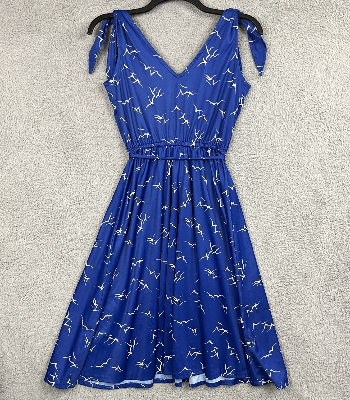 Vintage 70s Dress Womens Small Blue Seaside Seagulls All Over Print Tie Shoulder