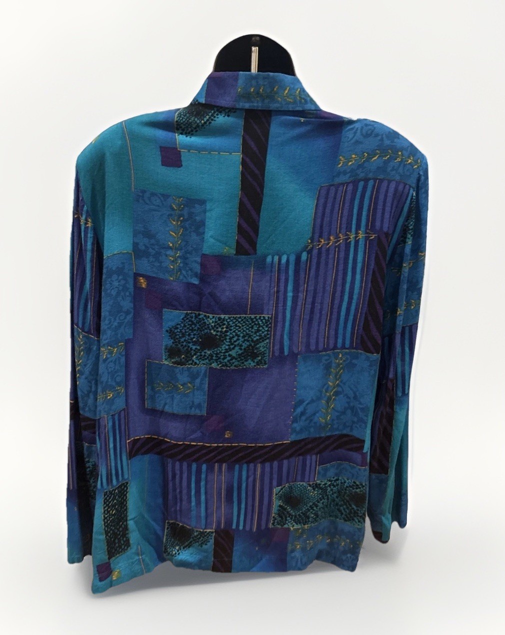 Vintage Blair Boutique Button Down Blouse 1980’s Blue Geometric Shoulder Pads A1
