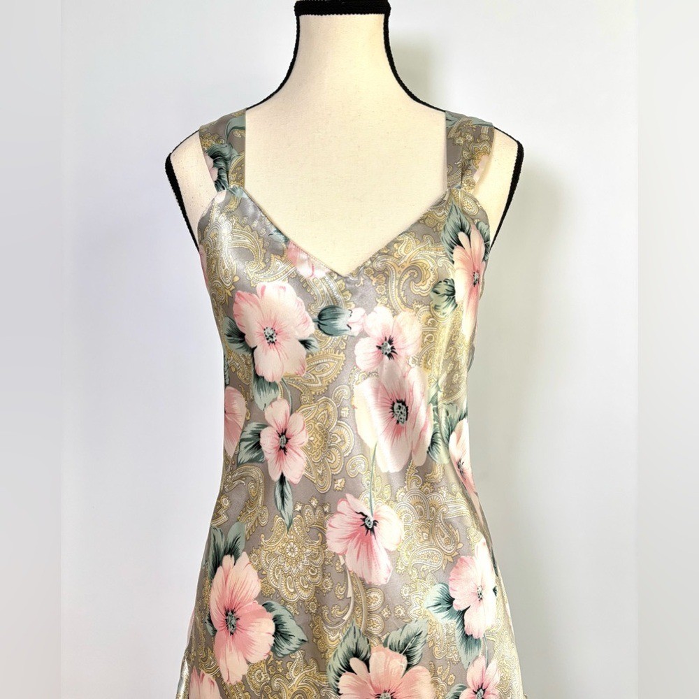 Vintage Satin Chemise Slip Dress 80&rsquo;s Coquette Ruffle Floral Pinup Girl Glam
