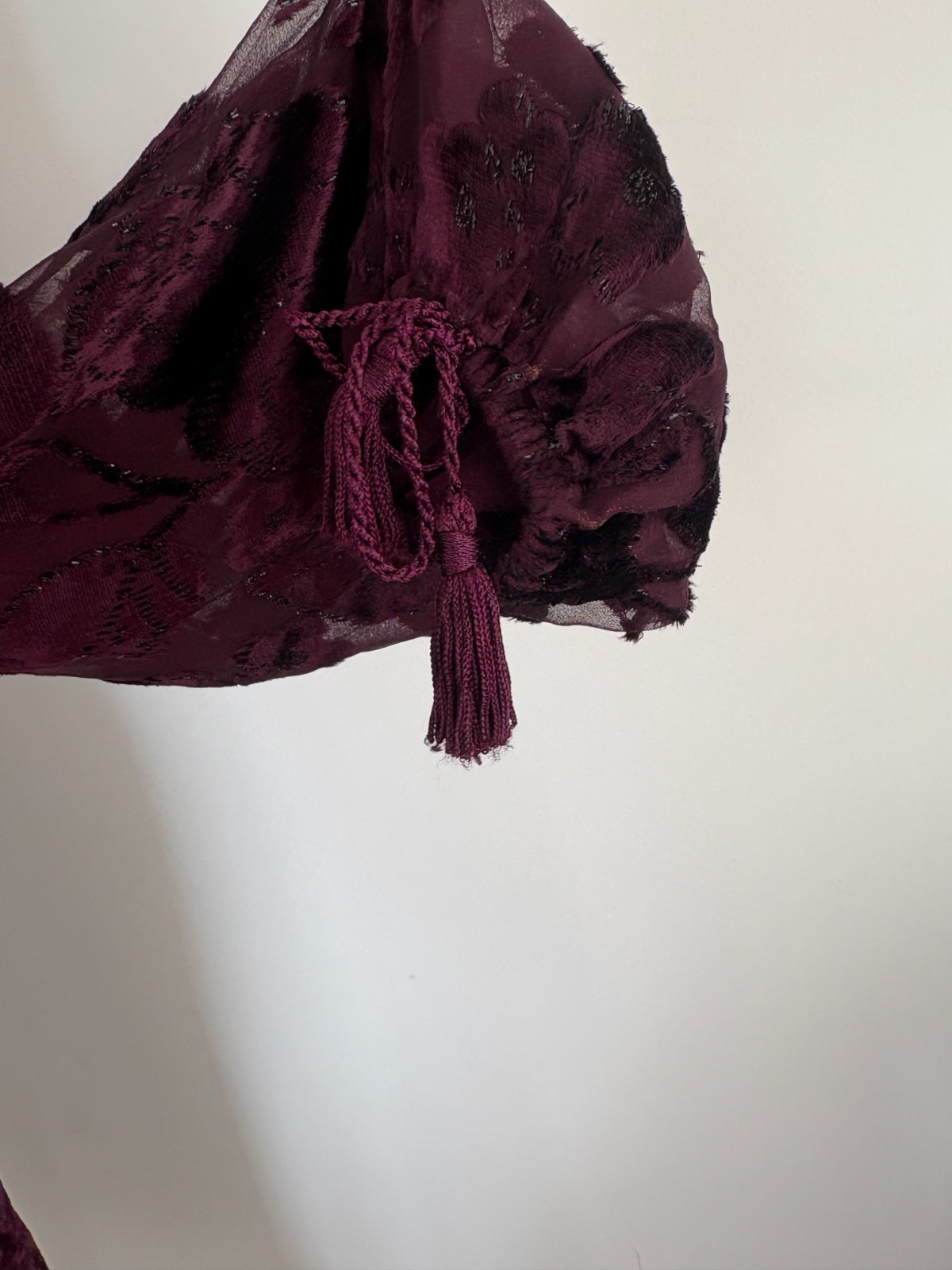 VTG 1977 Oscar de la Renta Burgundy Devoré Tassel Blouse & Skirt Set