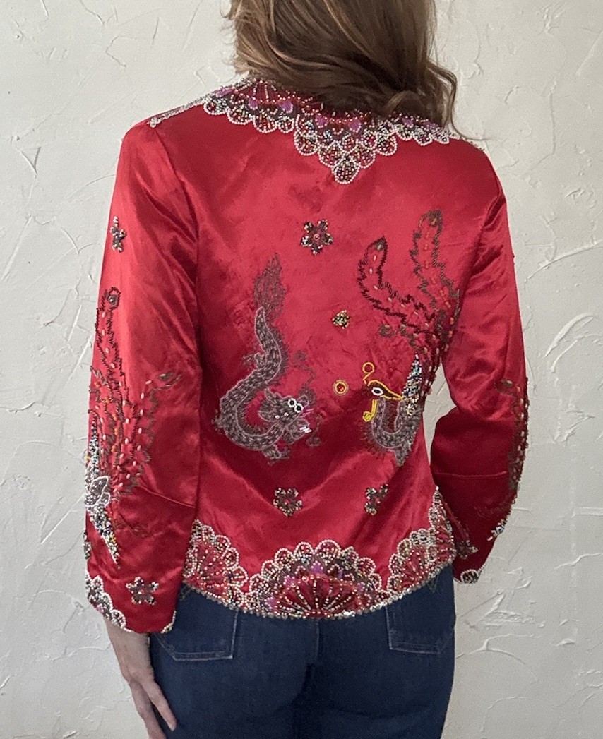 VTG 1960s Red Satin Beaded Jacket Zip up Asian Influenced Dragon Phoenix Design