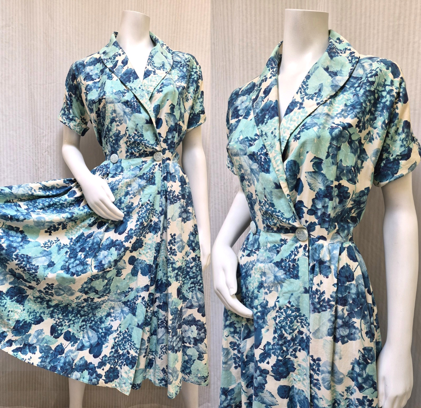 Vintage 1950s Blue Floral Cotton Wrap House Dress w/ Sparkly Buttons – Size M