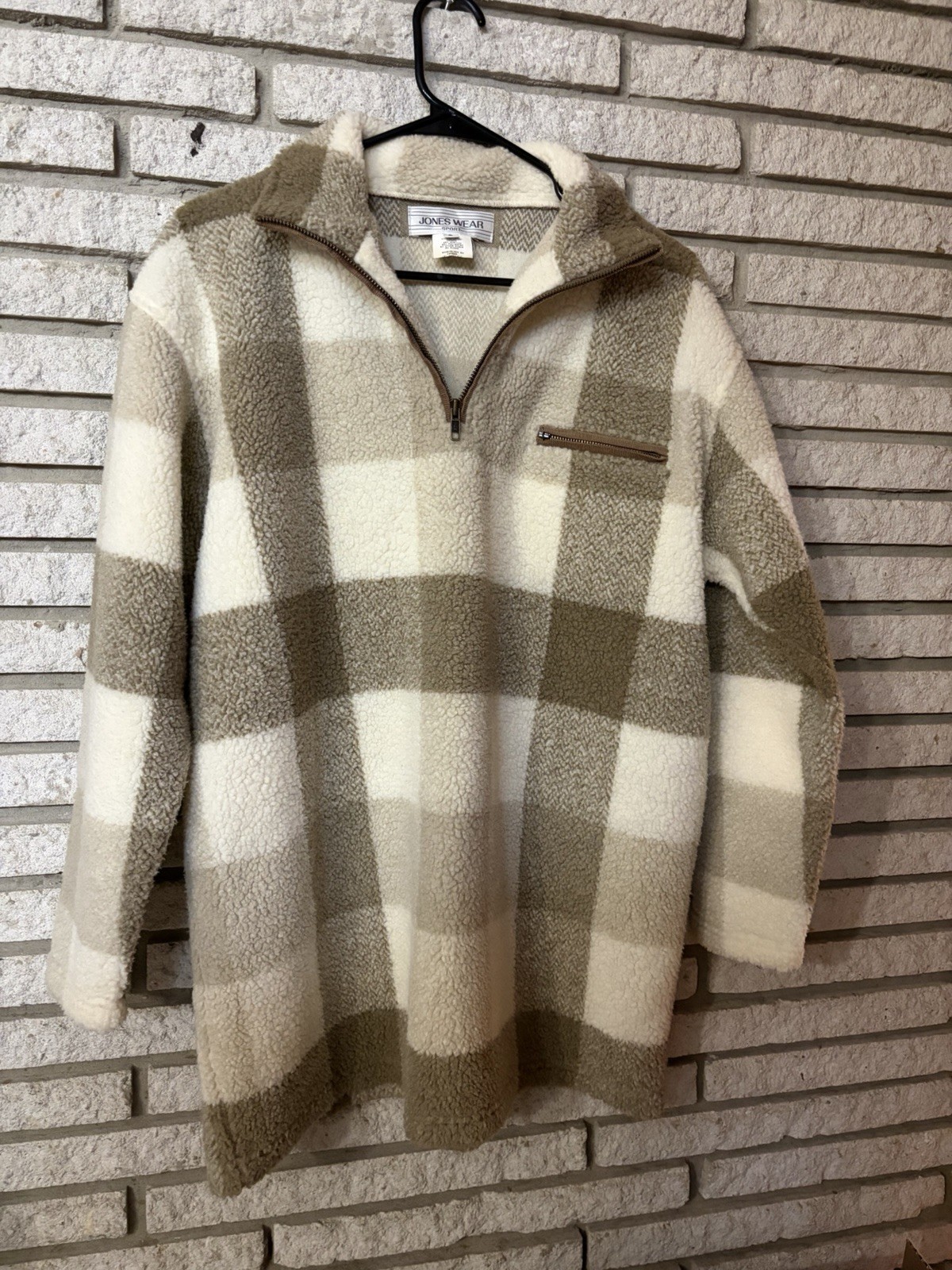 Vintage 80s 90s Jones Wear Sherpa Fleece Pullover Jacket Neutral Tan Boho Small