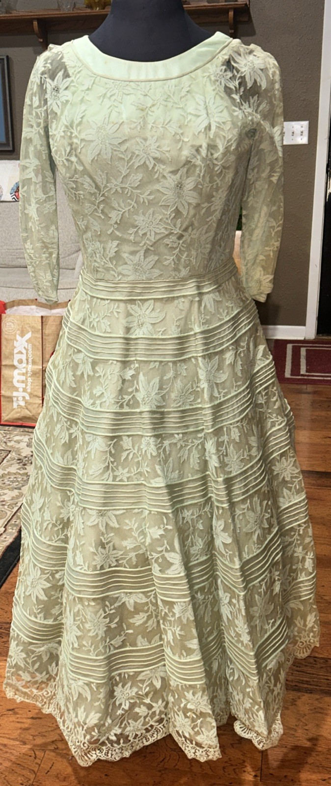 Vtg Women&rsquo;s 50s David Levine Seafood Green Lace Chiffon Party Tea Dress Medium