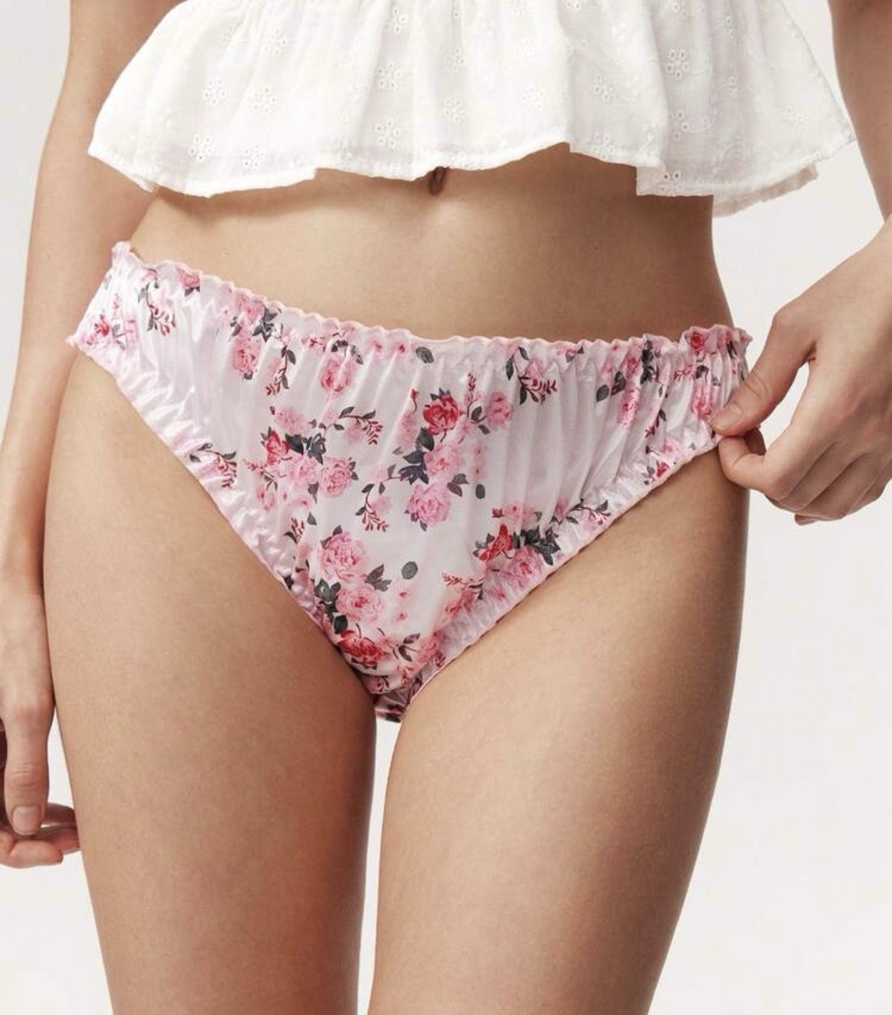 Glossy Ruched Bum Pink 2nd Skin Satin & Floral Bikini Brief Panties XL NEW
