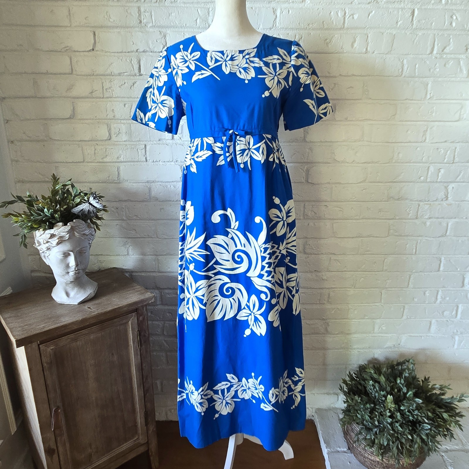 Vtg 60s Hawaiian Print Maxi Dress, Bow, Party, Travel, S
