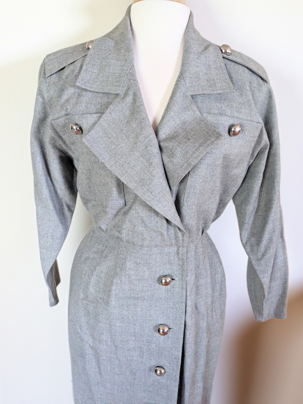 Vintage 80s PSI Couture Gray Marl Coatdress Military Power Dress Midi Epaulets