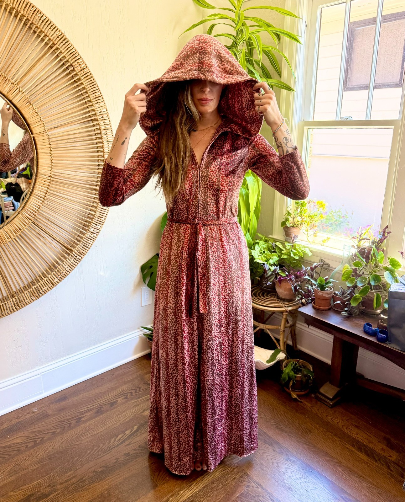 Vintage 1970s Velour Hooded Maxi Dress Witchy Disco Goddess by Carlye