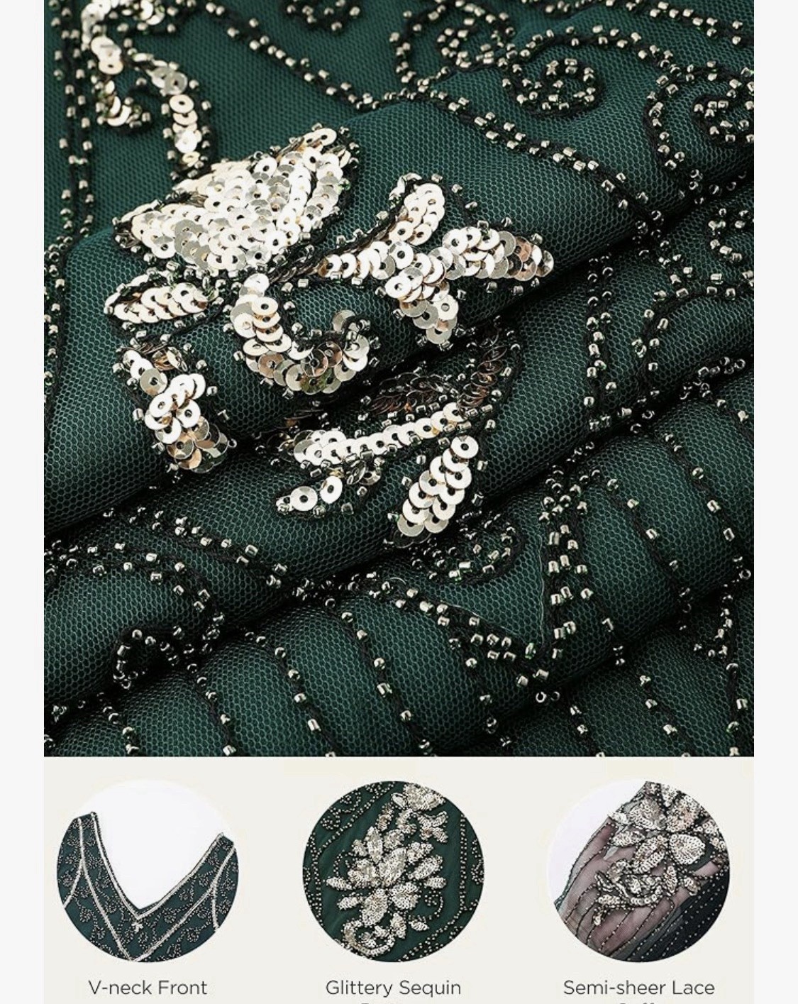 1920s Art Deco Green Sequin Beaded Fringe V-Neck Lace Cocktail Dress. XXL