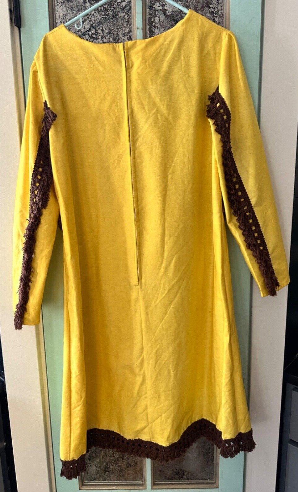 VTG Handmade Boho Yellow Shift Dress 70s Cotton Folk Dress Brown Fringe Granny