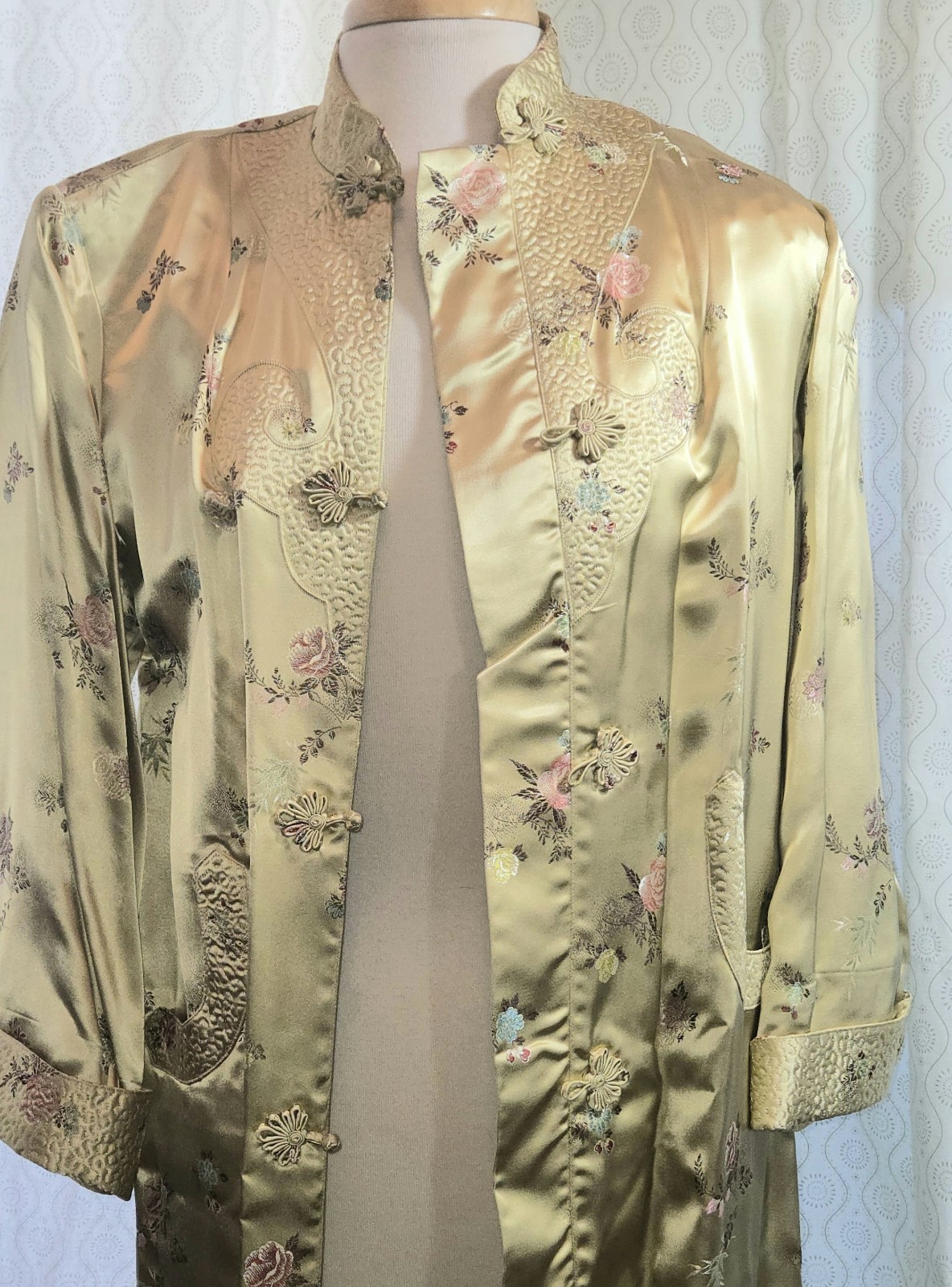 Chinese Brocade Embroidered Satin Frog Knots Long Duster Coat Tangzhuang 38 M