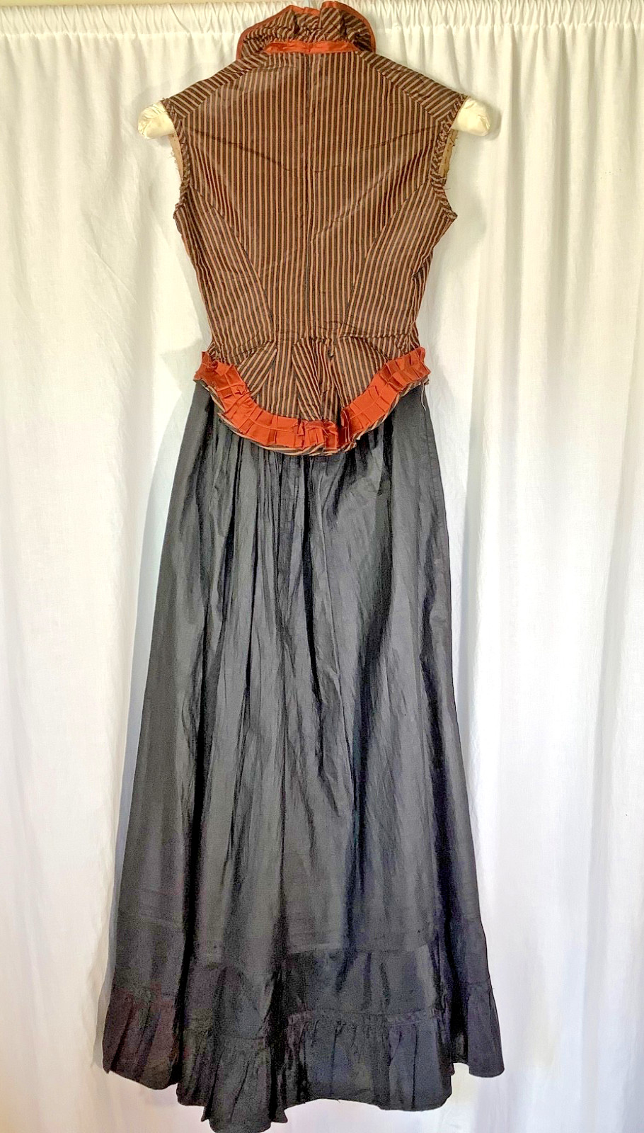 Victorian bodice Silk bustle 1880s corset Top sleeveless Stripe black Copper XXS