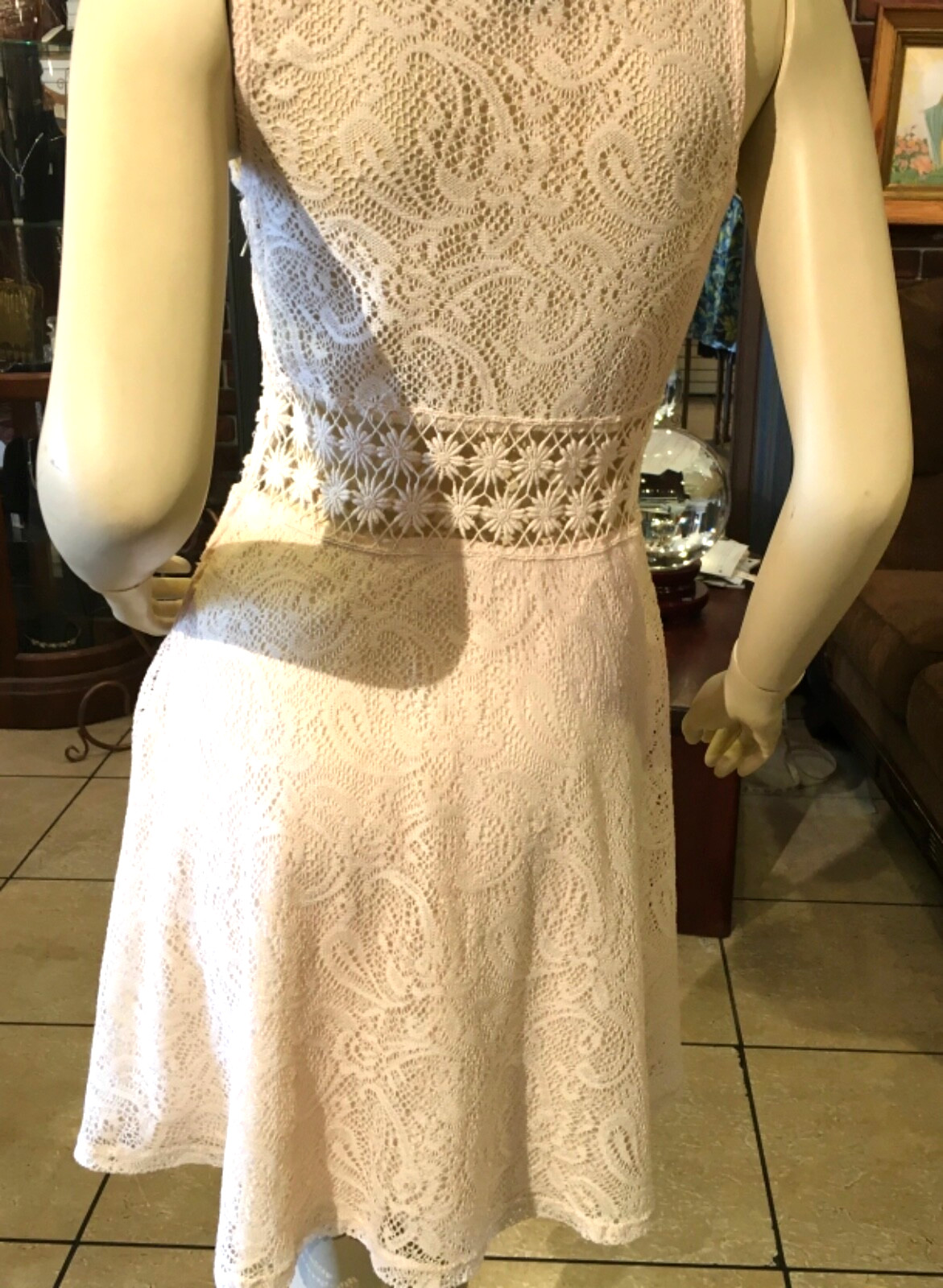 Cream, lacy, mini dress, with sheer back, & crochet insert, (#7849)