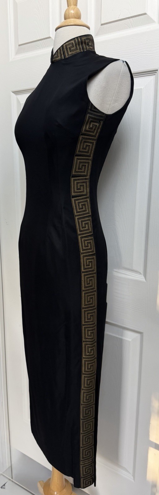 Vtg Alfred Shaheen SZ S Black Cheongsam Column Hostess Dress Greek Key FLAWED