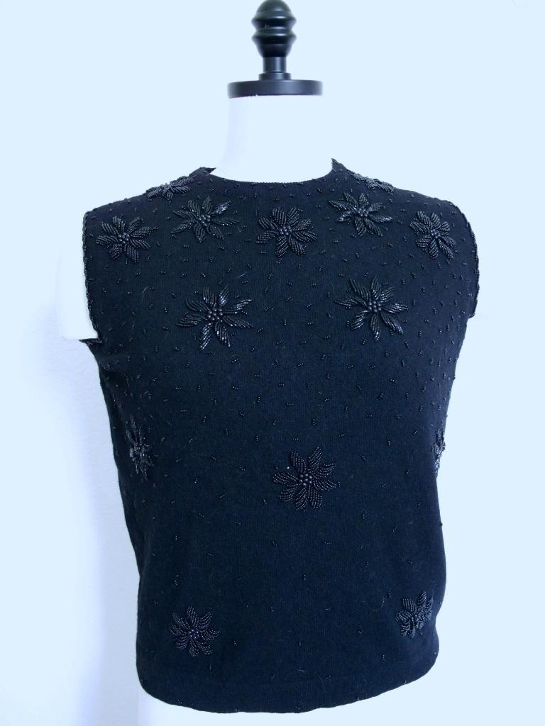 Vintage 50s 60s Wool Angora Beaded Sleeveless Sweater Shell Top Black 36&Prime; Bust