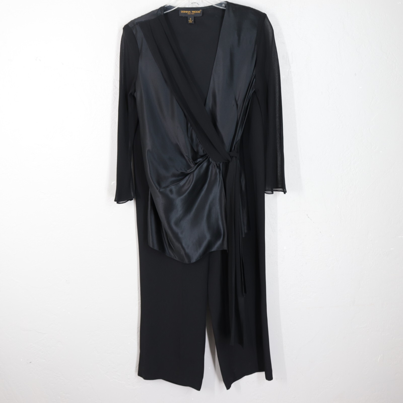 Vtg Donna Ricco New York Pant Suit 8 Black Silk 2 Pc Wrap Top Stretch Waist