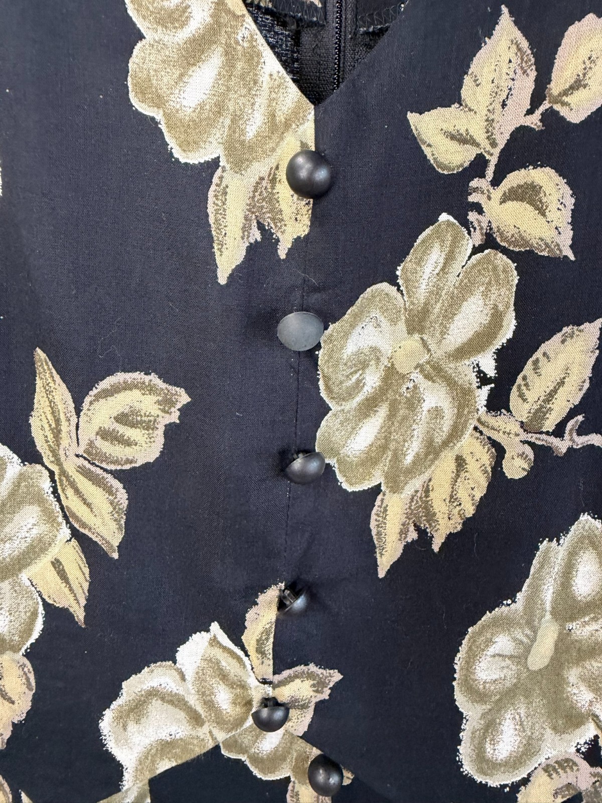 Vintage 1990s Kathie Lee Midi Dress Black Base Beige Floral Size 7/8