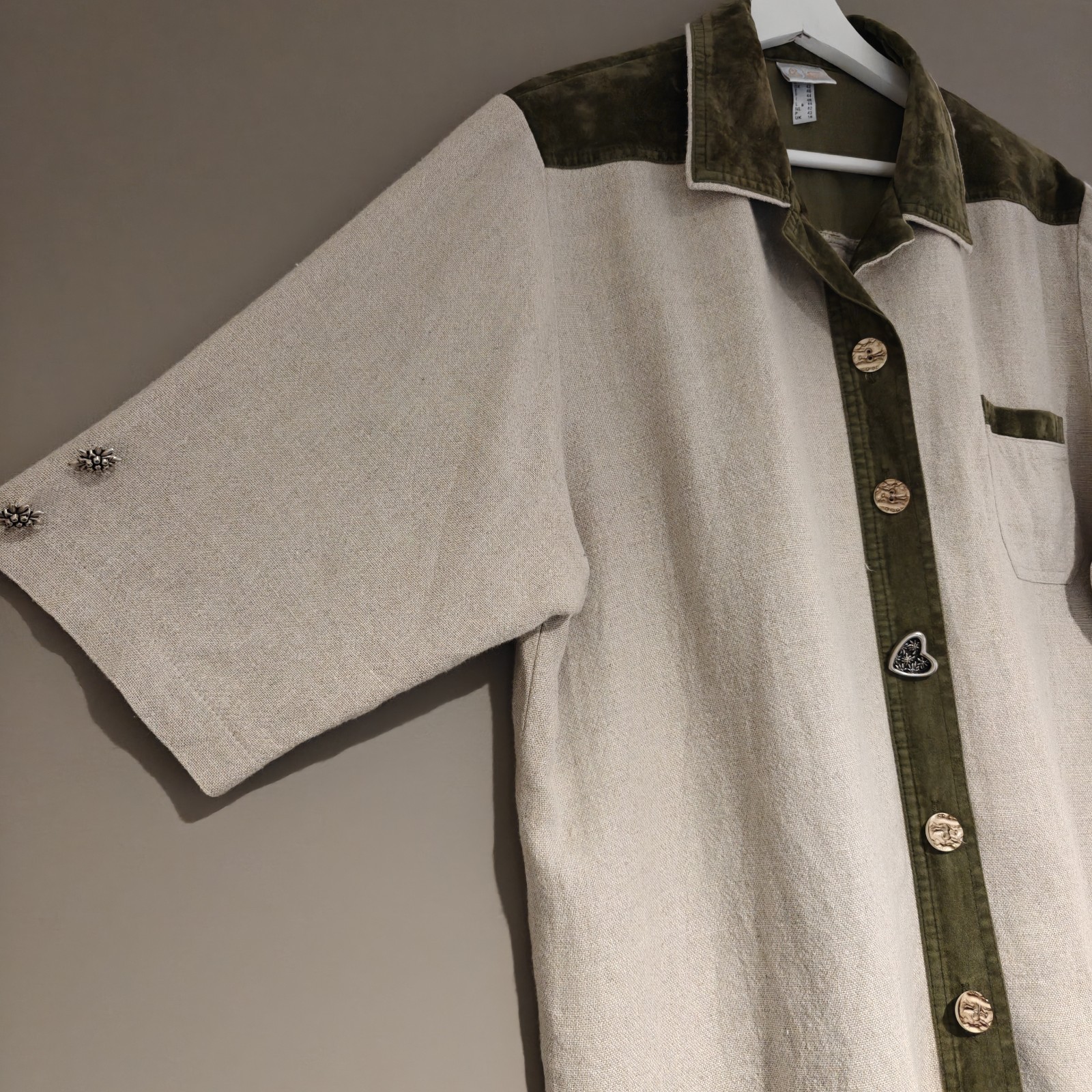 Your Sixth Sense C&A Linen Blend Blouse Vintage Beige Khaki Velvet Trim UK 16