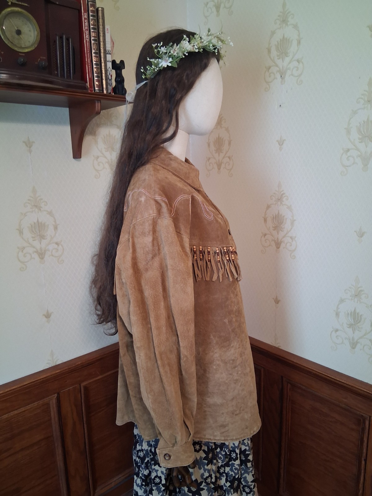 Vintage 1990s Comint Brown Suede Fringed Beaded Hippie Western Grunge Coat