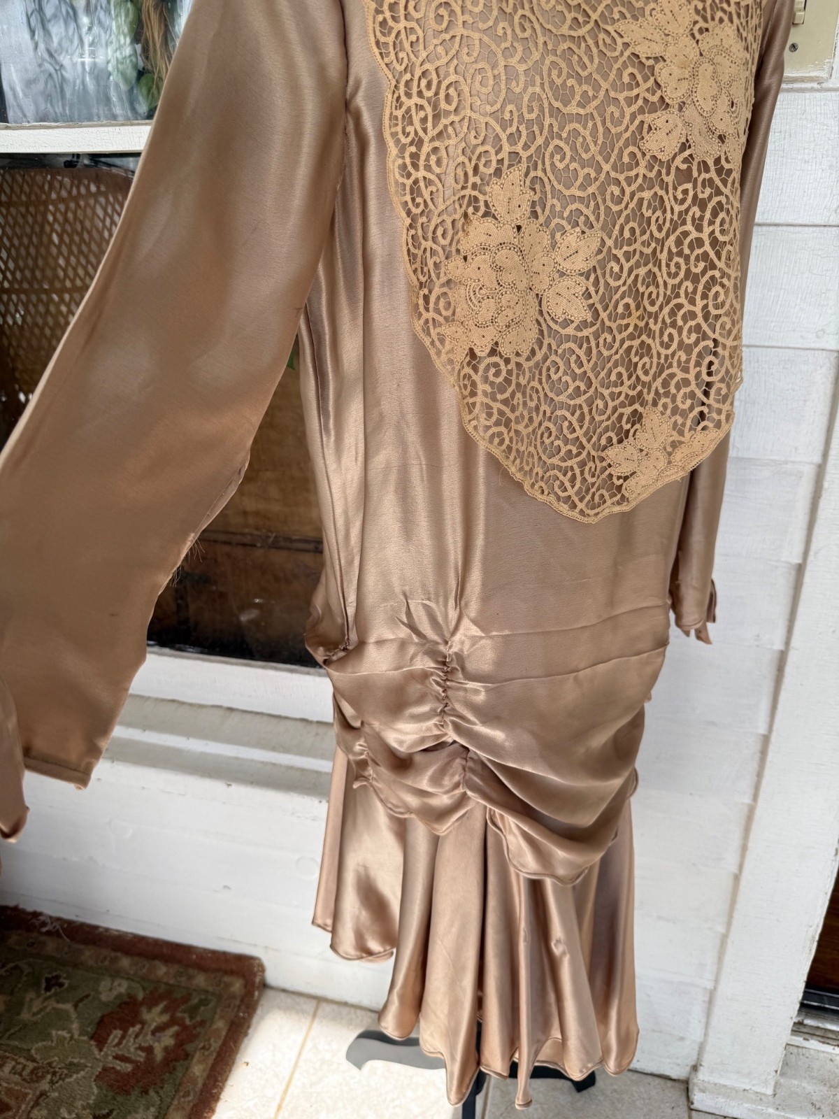 Antique 1920s Tan Silk Flapper Dress With Lace Yoke AS IS TLC Size M