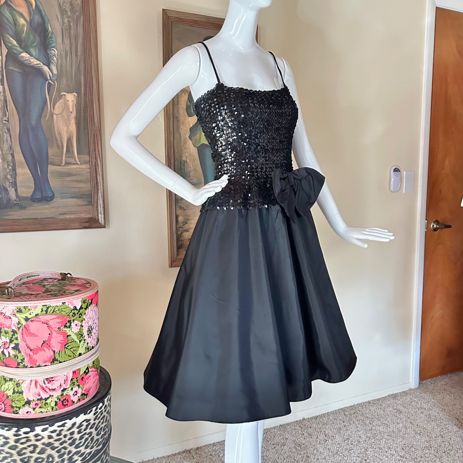 Vintage 1980s Goth Black Sequin Taffeta Party Prom Dress Fit Flare 50s Style M/L