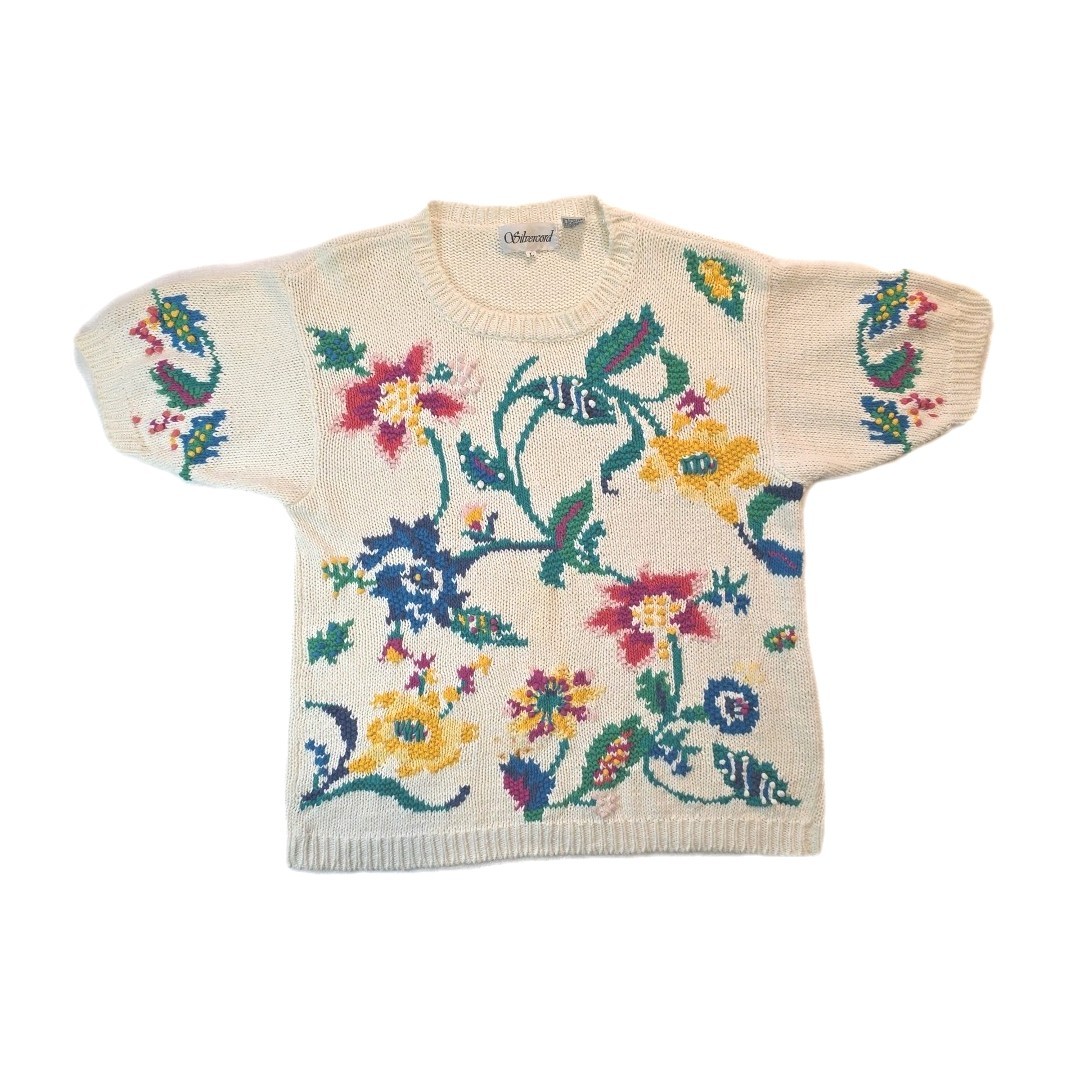 Vintage Multicolor Silvercord Floral Short Sleeve Knit Sweater – Size L