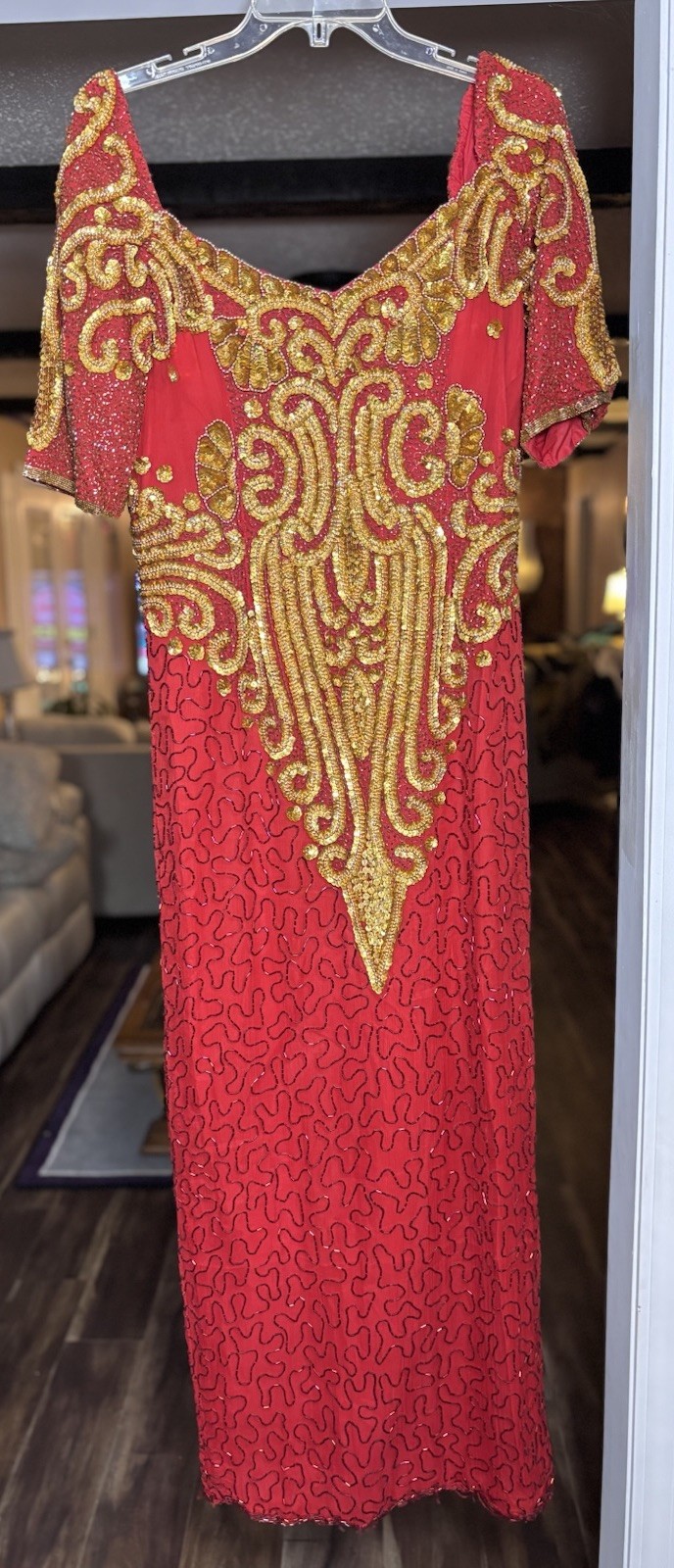 Vintage Milano Silk Red Gold Hand Beaded Gown Dress XL 100% Silk Evening Formal