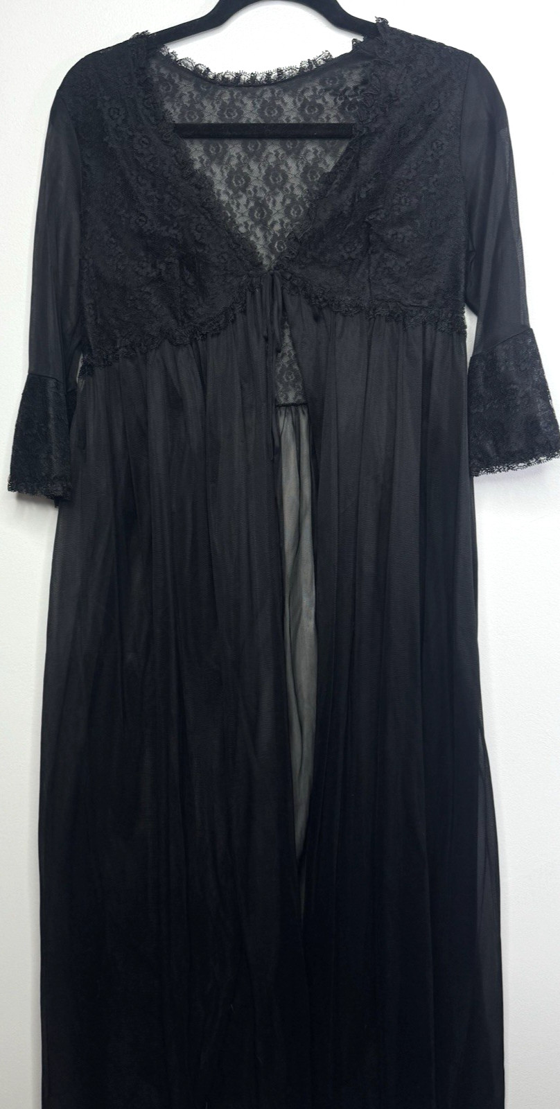 Vintage Full Length Peignoir Womens L Lace Nylon Black Romantic Baby Doll USA