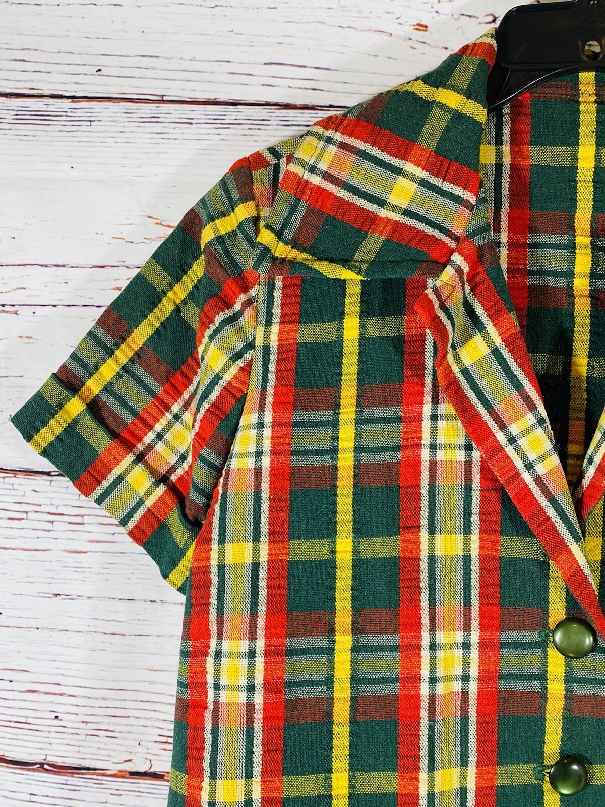 Vintage Plaid Jacket Skirt Set Handmade 1960s or 1970s Retro Green Red Yellow