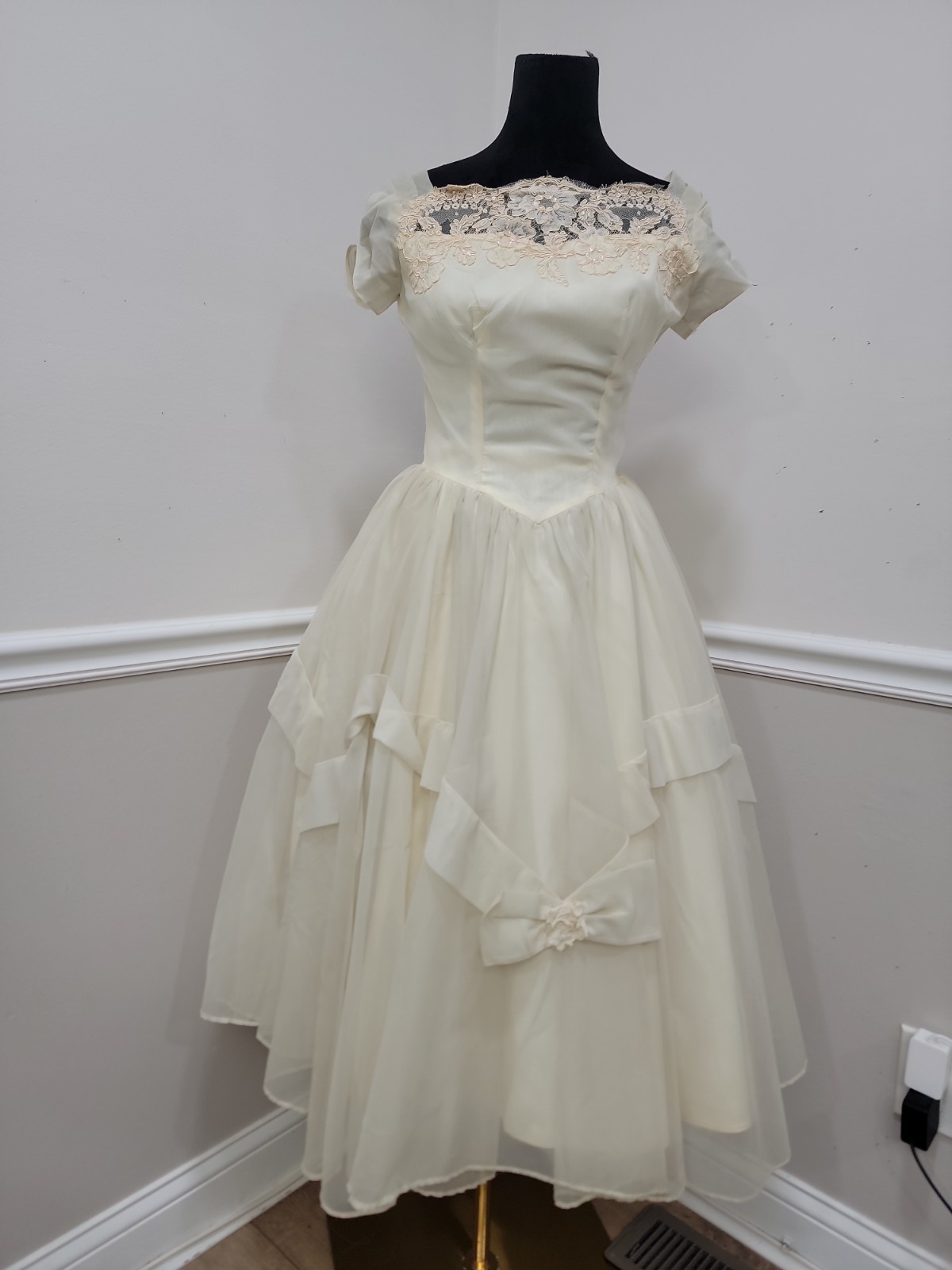 Vtg 50s Wedding Dress Ivory Organza Full Skirt Cocktail Scarf pinup Bridal/As Is